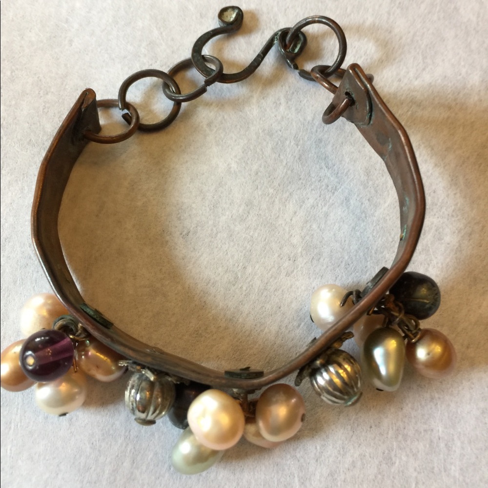 Copper bracelet with pearl clusters; 7” hand made